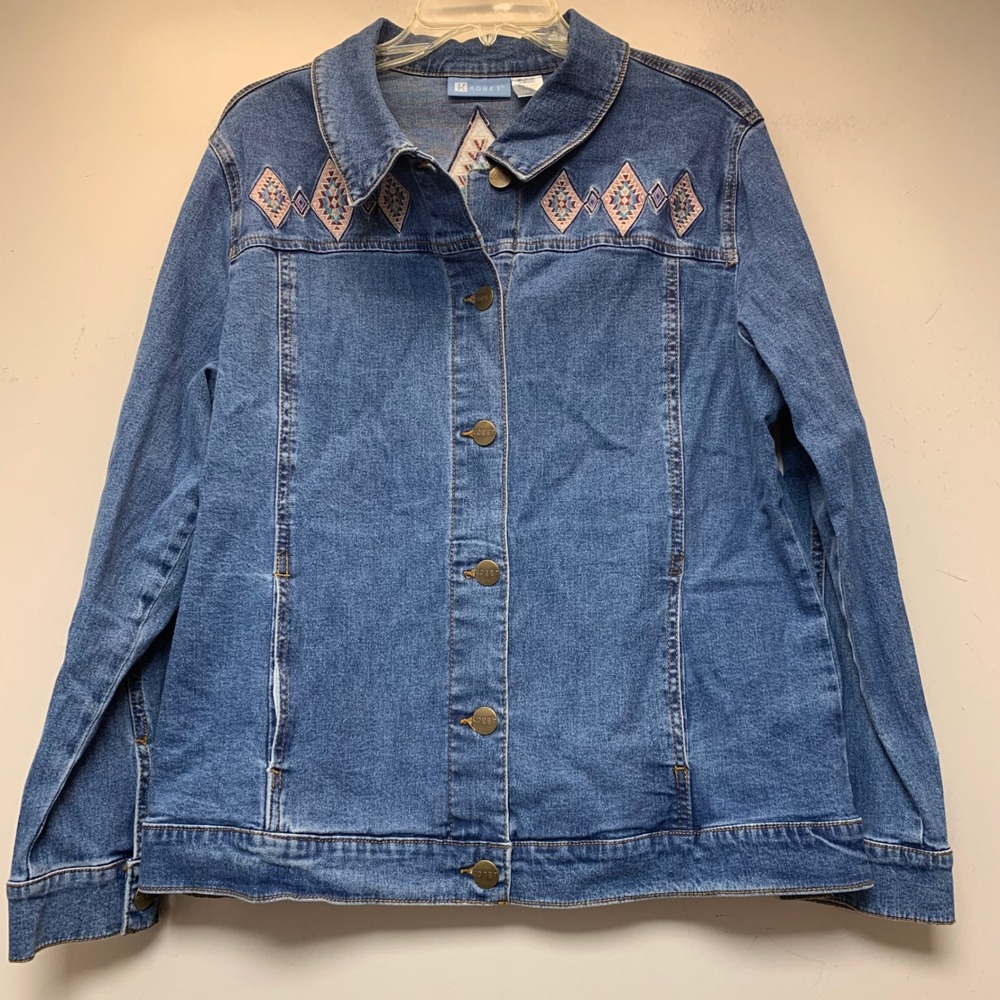 Koret Denim Jacket Womens 16 Blue Excellent Southwestern Embroidered Stretch